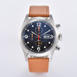 Parnis 42mm Black Dial Quartz Chronograph Watch Men Leather Strap Week Display Calendar Men's Watch Relogio Masculino 2020 box