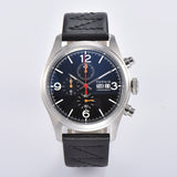 Parnis 42mm Black Dial Quartz Chronograph Watch Men Leather Strap Week Display Calendar Men's Watch Relogio Masculino 2020 box